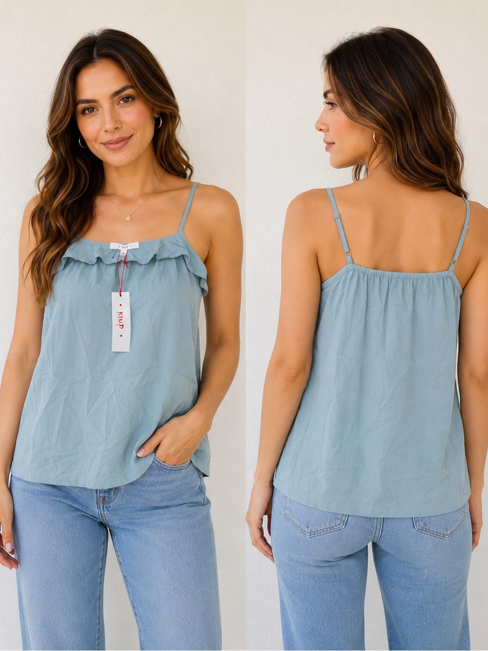 Kut from the Kloth Sage Blue Ruffle-Trim Spaghetti Strap Cami Top